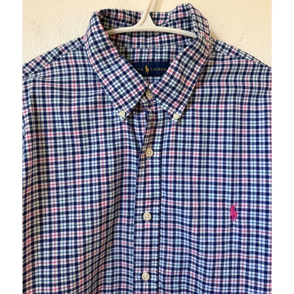 Ralph Lauren Polo Button Long Sleeve Shirt Size XL 100% Cotton Blue Pink Green